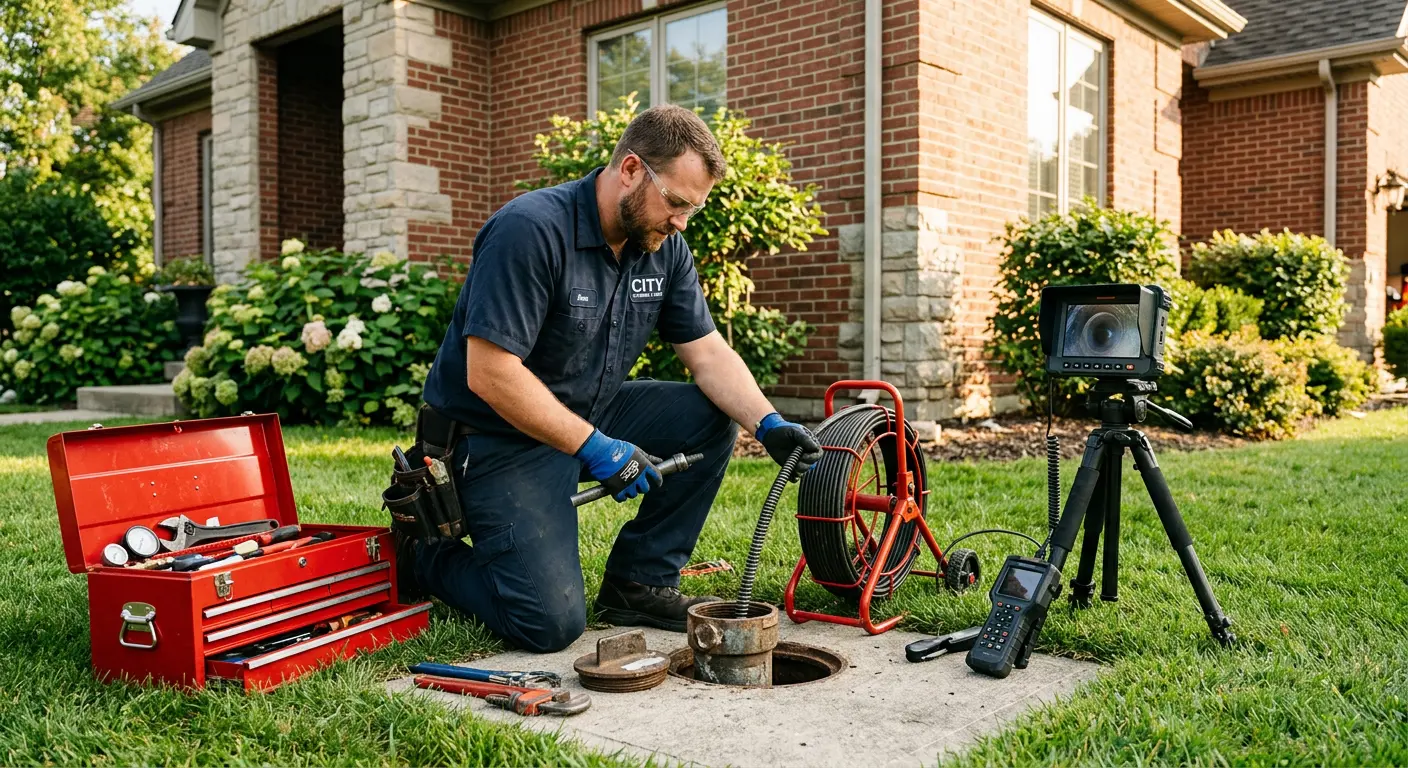 Sewer specialist with camera equipment servicing a cleanout in Depew