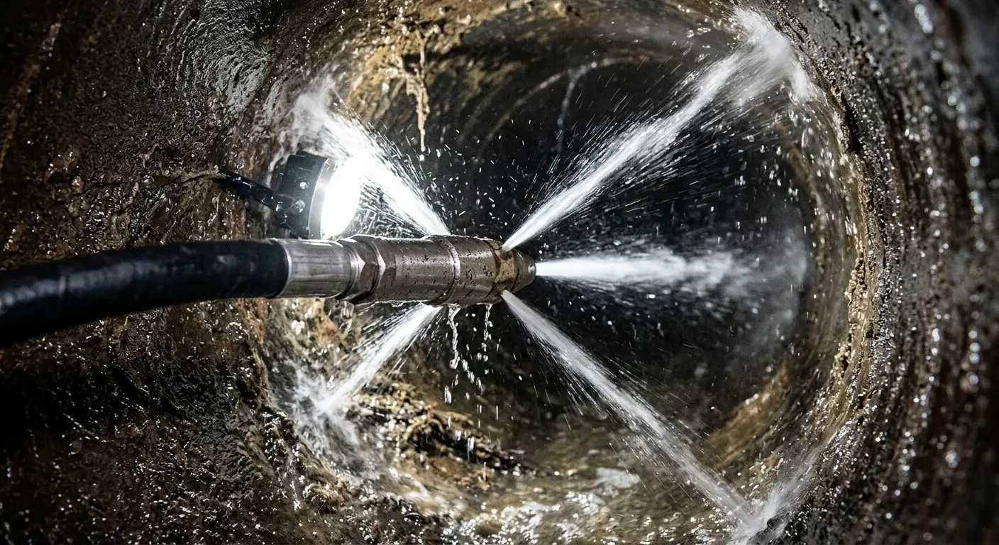High-pressure hydro jetting nozzle cleaning sewer pipe for Sewer Cleanout in Depew