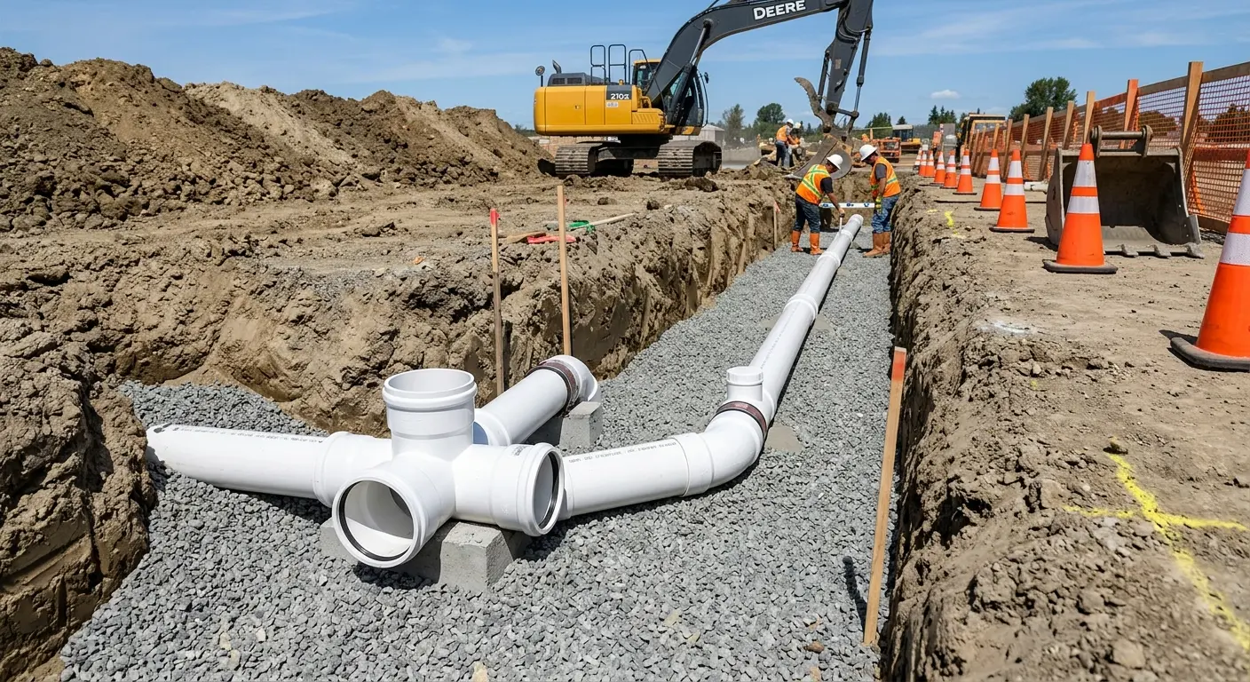 New PVC sewer pipe installation in open trench for Sewer Backup in Depew